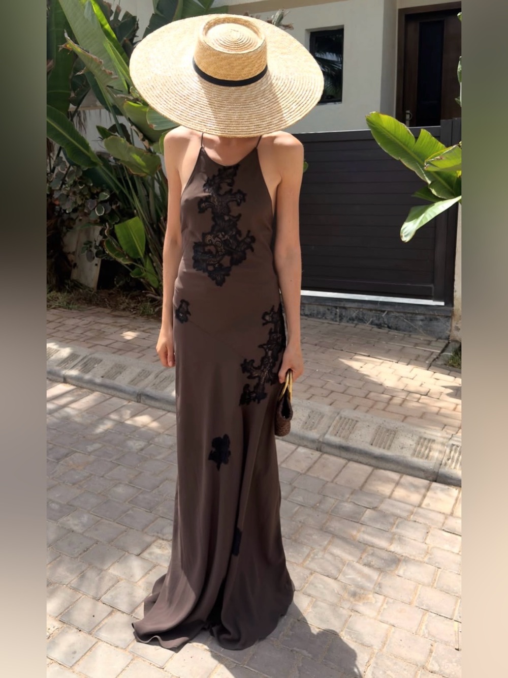 Zara Brown Maxi Dress with Black Appliqué